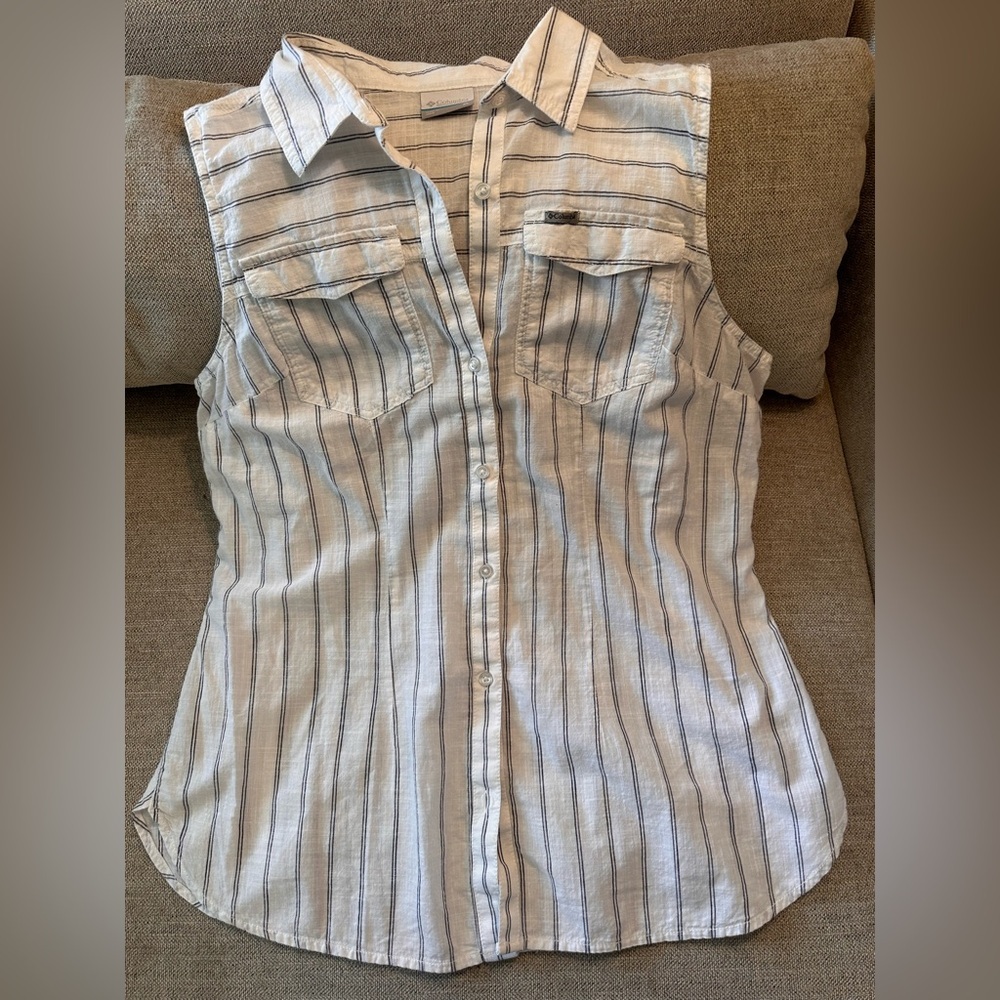 Columbia Women's Sleeveless Button Down Shirt White/Black Stripes 100% Cotton - Picture 4 of 10